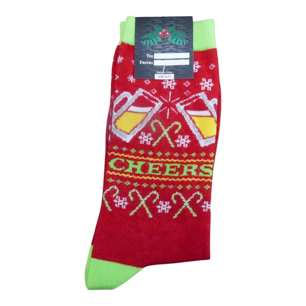 Unbranded Holiday Crew Socks Mens 10-13 Red New Cheers Beer Fair Isle